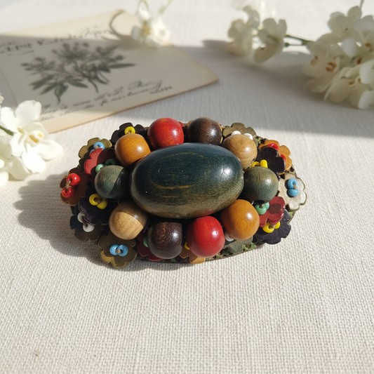 Vintage 1970s Multi-Color Wooden Bead Brooch Boho Floral Pin Painted Folk Art