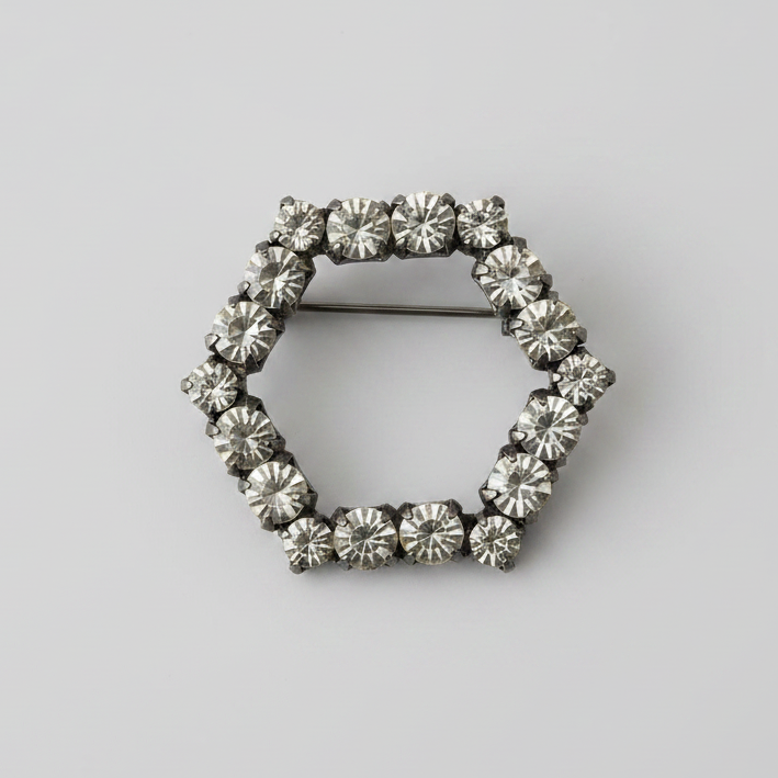 Vintage 1970s Silver-Tone Clear Rhinestone Hexagon Brooch Geometric Open Frame