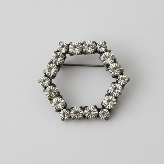 Vintage 1970s Silver-Tone Clear Rhinestone Hexagon Brooch Geometric Open Frame