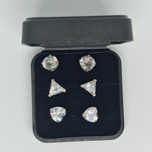 Vintage Sopers Jewellers 1990s CZ Stud Earrings Set Three Pairs Silver-Tone Box – photo 2