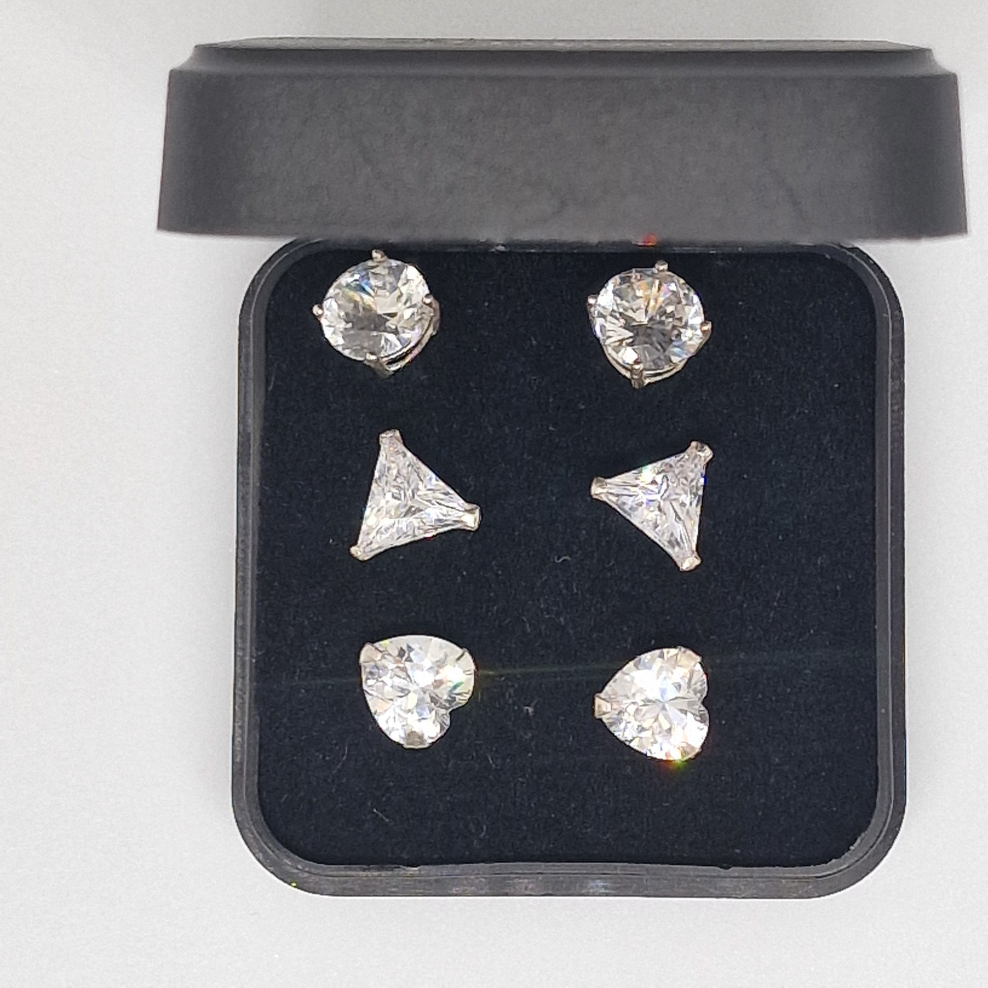 Vintage Sopers Jewellers 1990s CZ Stud Earrings Set Three Pairs Silver-Tone Box – photo 4