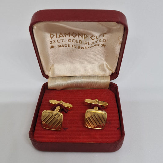 Vintage Diamond Cut 1960s Gold-Tone Striped Dress Cufflinks England Geometric – photo 2