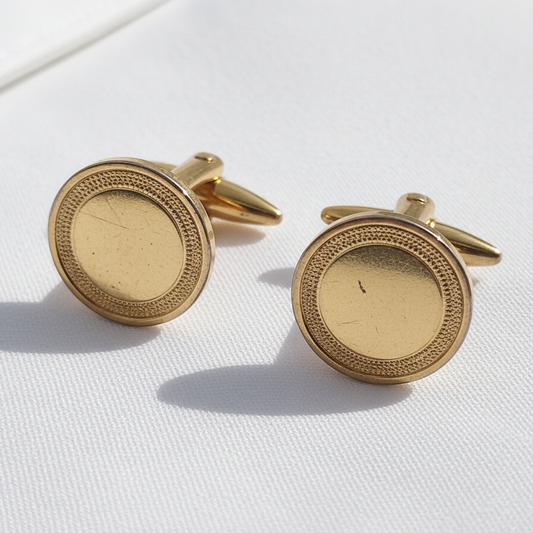 Vintage 1950s Gold-Tone Cufflinks Made In England Round Engraved Border Costume