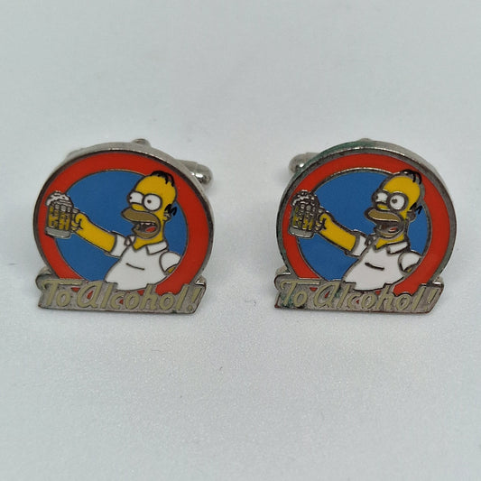Vintage 2000s Silver-Tone Enamel Cufflinks Simpsons Homer To Alcohol FOX Novelty
