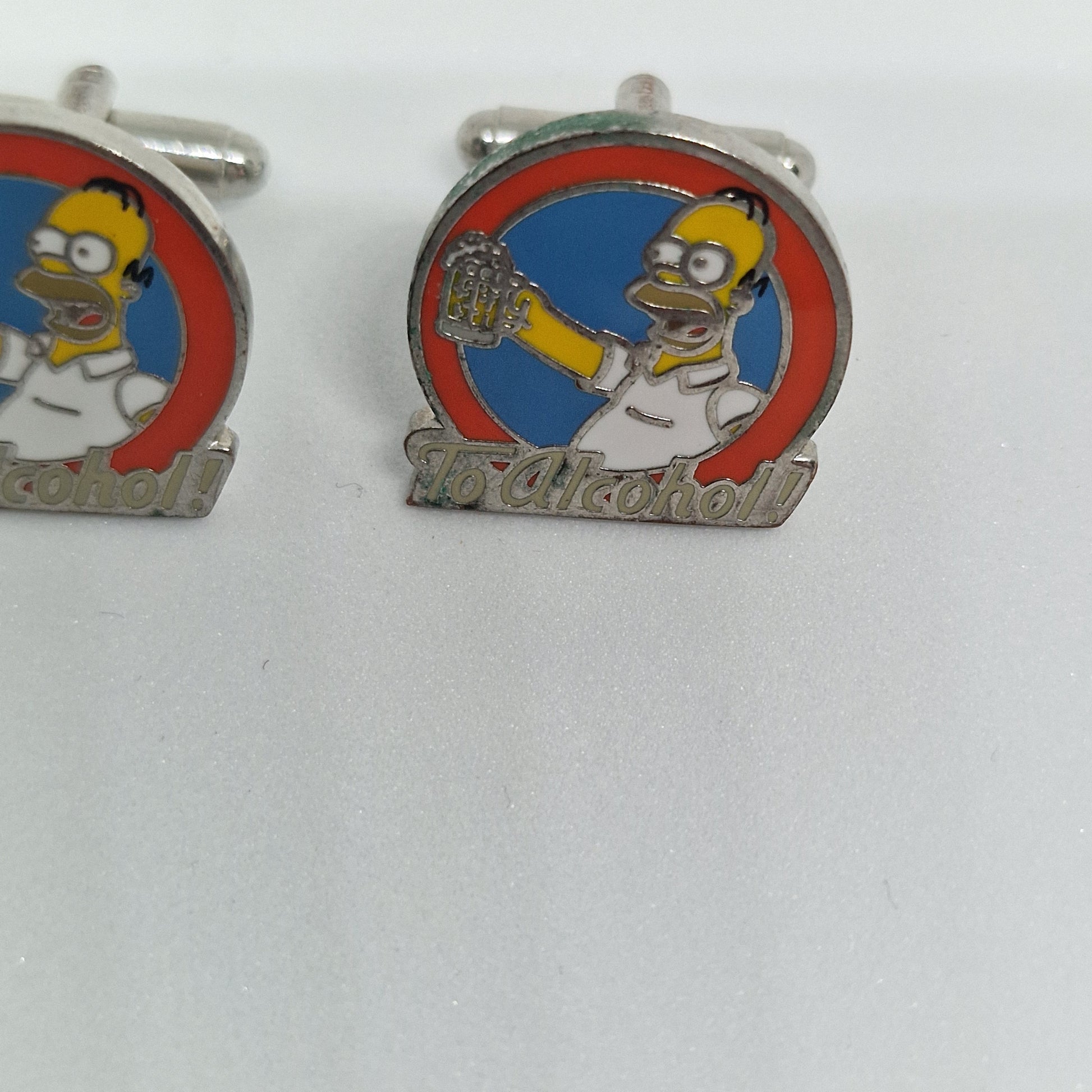 Vintage 2000s Silver-Tone Enamel Cufflinks Simpsons Homer To Alcohol FOX Novelty – photo 2