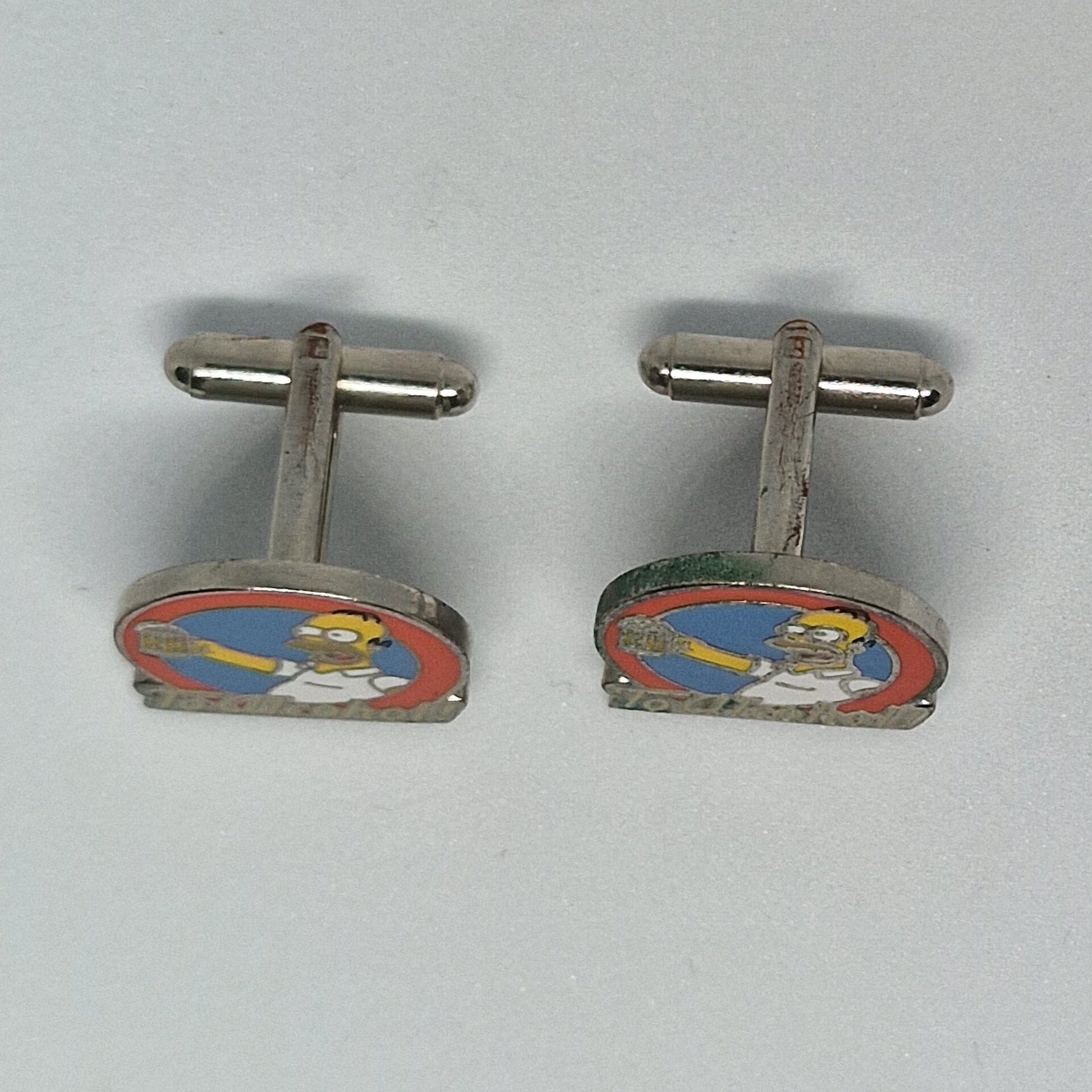 Vintage 2000s Silver-Tone Enamel Cufflinks Simpsons Homer To Alcohol FOX Novelty – photo 3