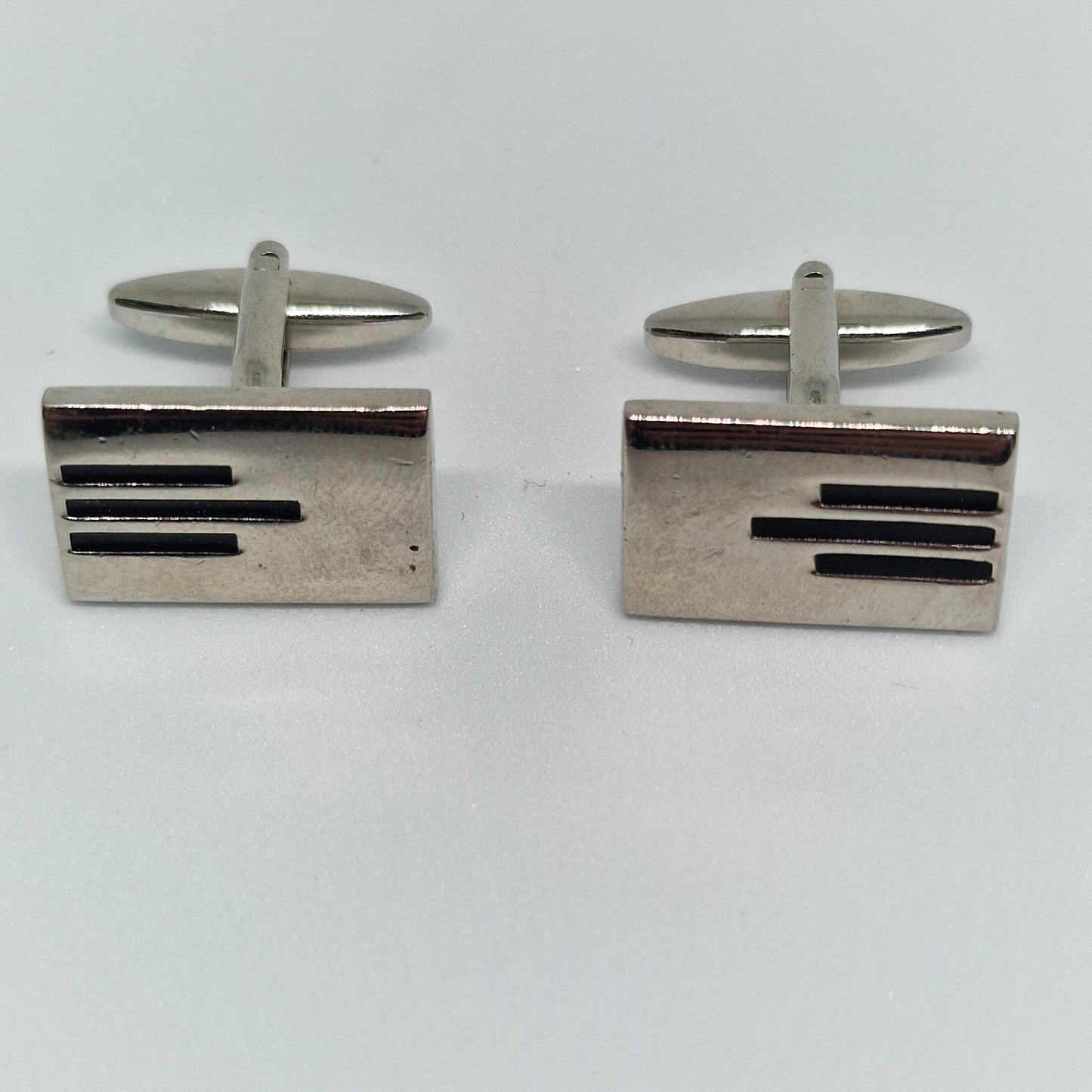 Vintage 1970s Silver-Tone Modernist Geometric Cufflinks Enamel Inlay For Groom