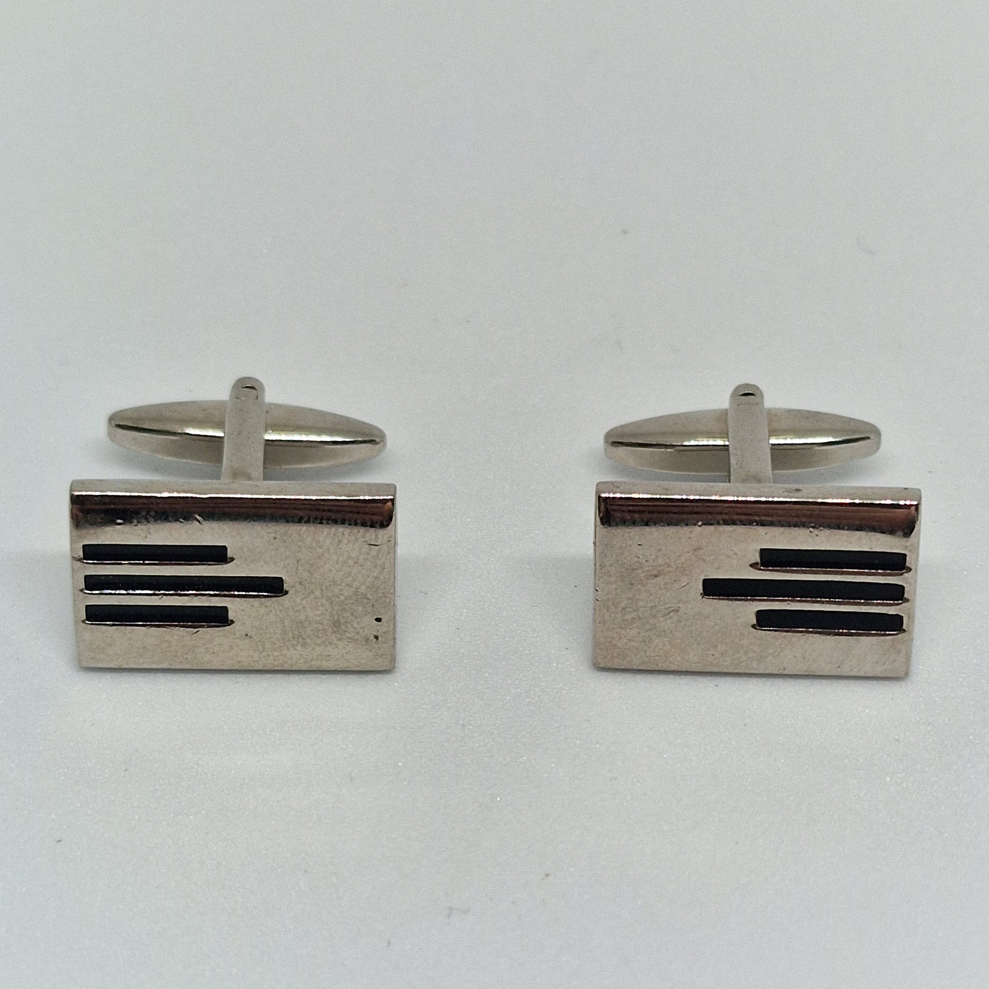 Vintage 1970s Silver-Tone Modernist Geometric Cufflinks Enamel Inlay For Groom – photo 2
