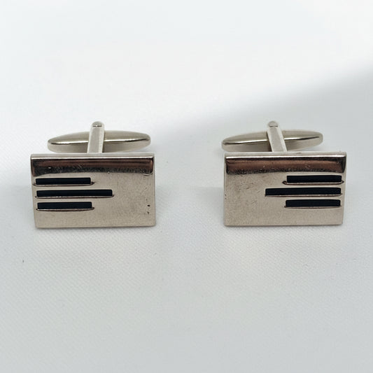 Vintage 1970s Silver-Tone Modernist Geometric Cufflinks Enamel Inlay For Groom – photo 2