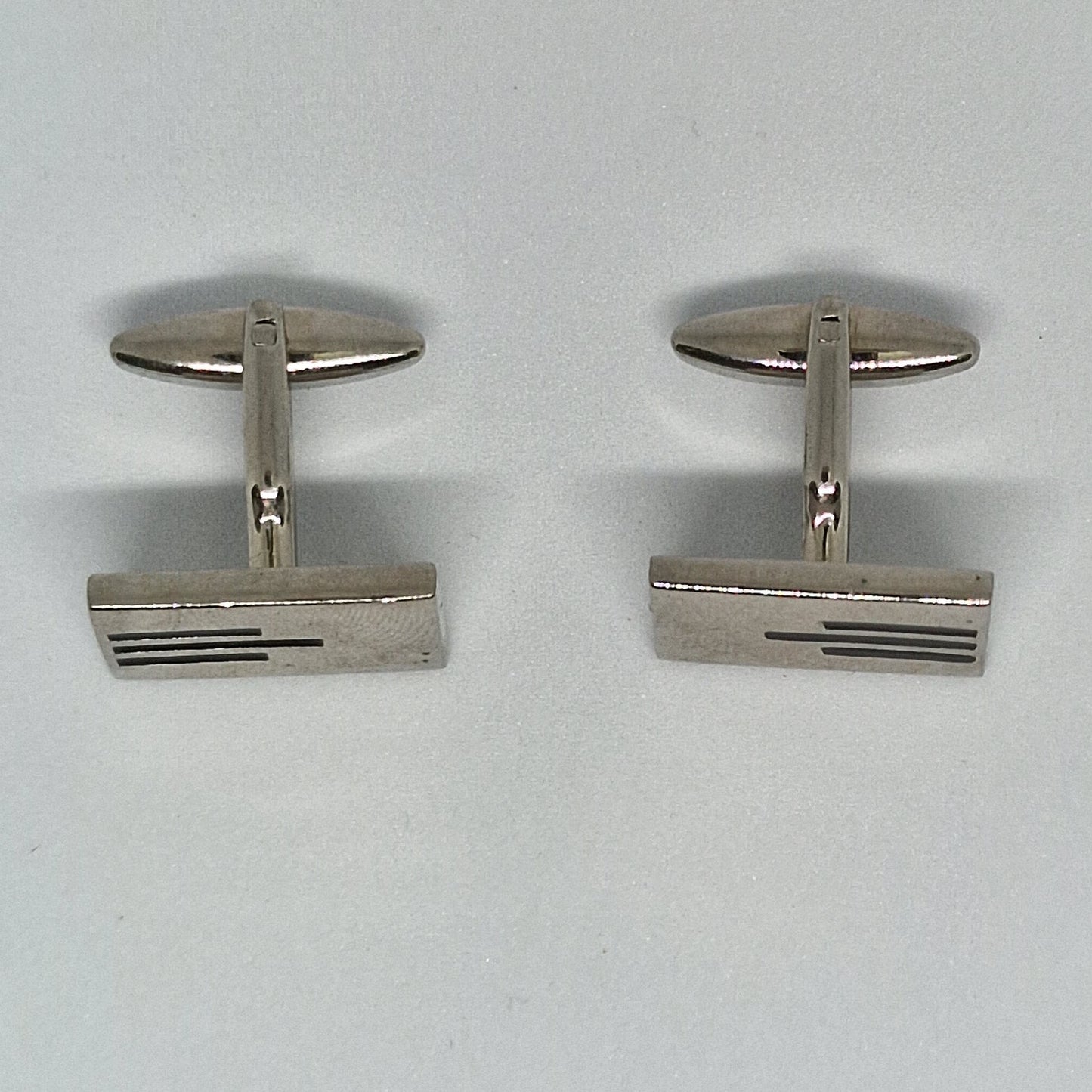 Vintage 1970s Silver-Tone Modernist Geometric Cufflinks Enamel Inlay For Groom – photo 3