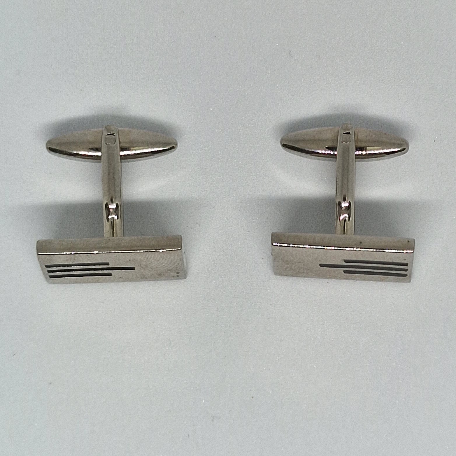 Vintage 1970s Silver-Tone Modernist Geometric Cufflinks Enamel Inlay For Groom – photo 3
