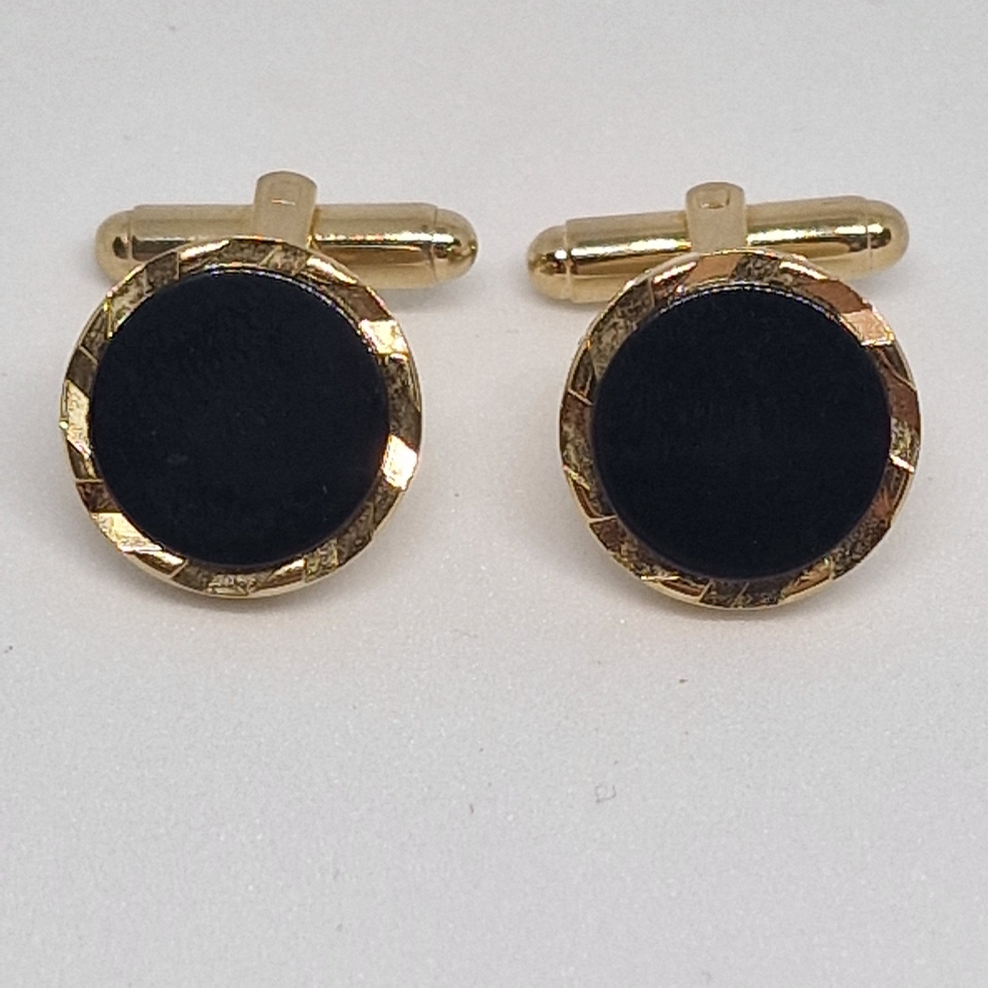 Vintage 1970s Gold-Tone Black Onyx Cufflinks Round Geometric Cabochon Mens Pair