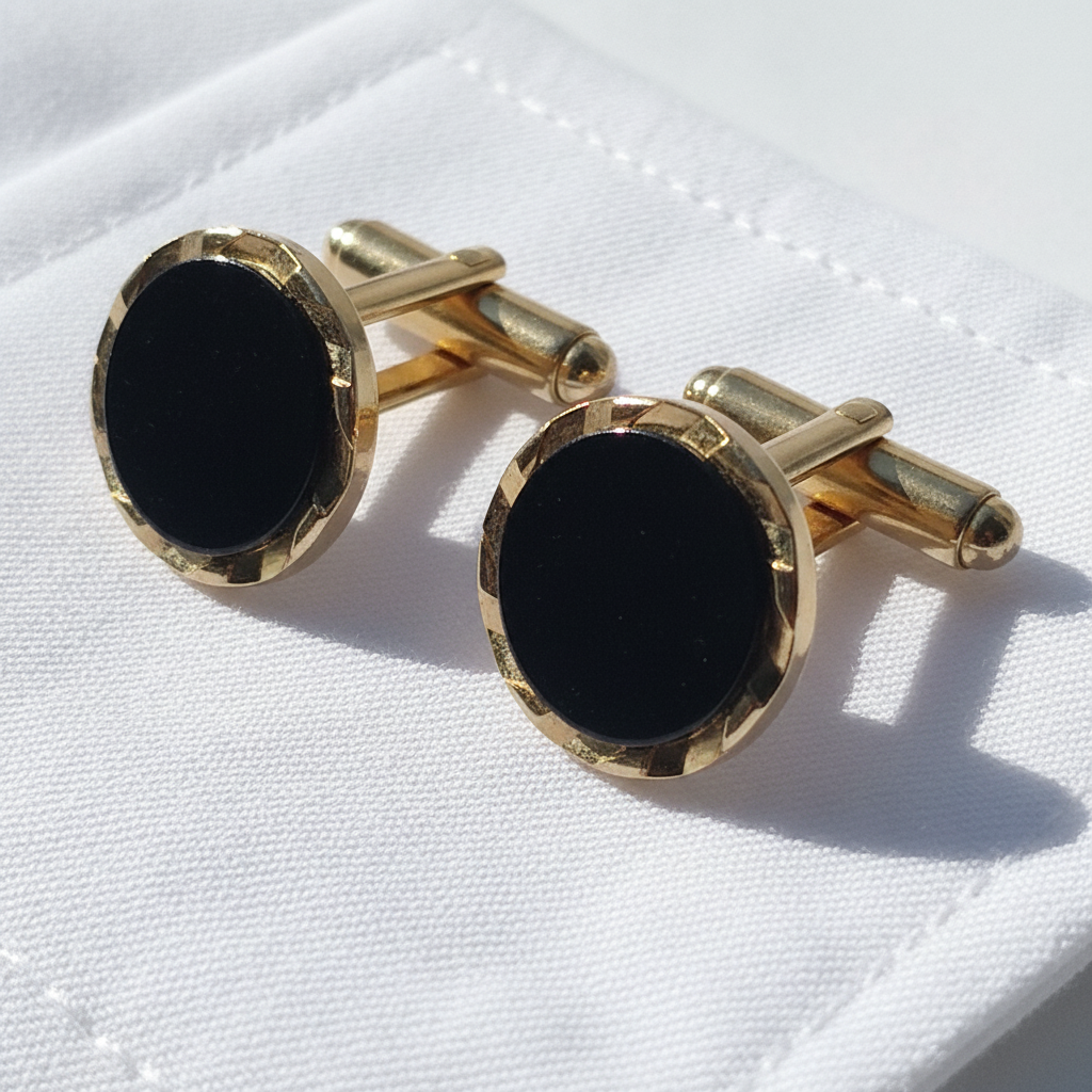 Vintage 1970s Gold-Tone Black Onyx Cufflinks Round Geometric Cabochon Mens Pair