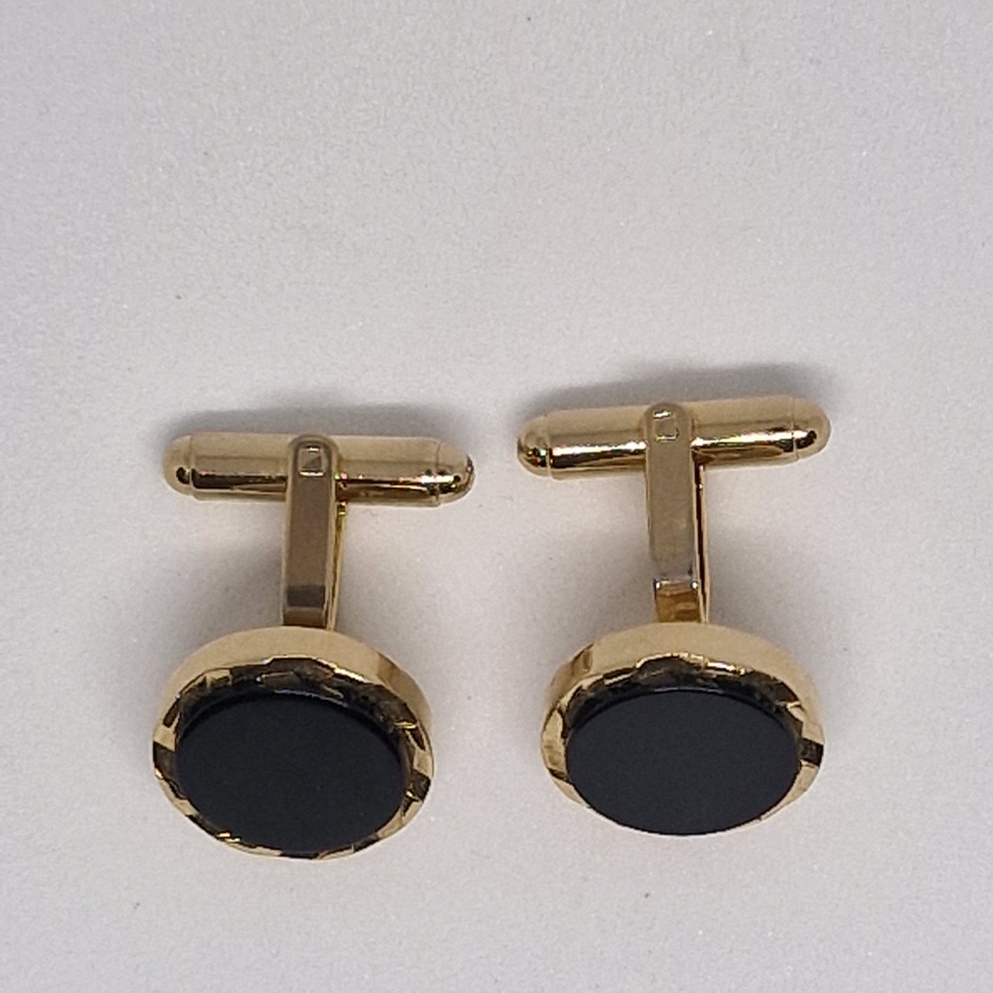 Vintage 1970s Gold-Tone Black Onyx Cufflinks Round Geometric Cabochon Mens Pair – photo 2