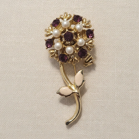 Vintage 1950s Gold-Tone Purple Amethyst Rhinestone Floral Cluster Brooch Chic