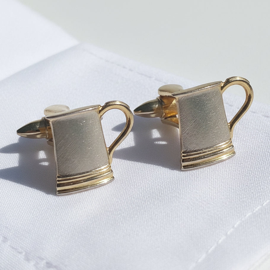 Vintage 1970s Gold Silver-Tone Beer Mug Tankard Cufflinks Novelty Figural Mens