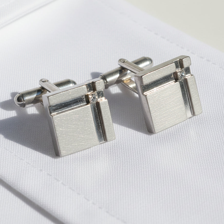 Vintage 1970s Silver-Tone Square Cufflinks Clear Rhinestone Geometric Mens Pair