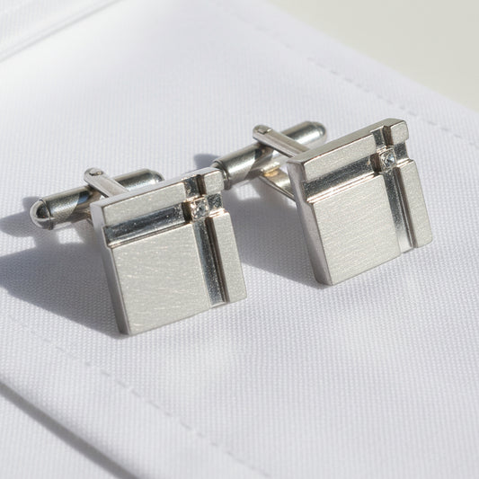 Vintage 1970s Silver-Tone Square Cufflinks Clear Rhinestone Geometric Mens Pair