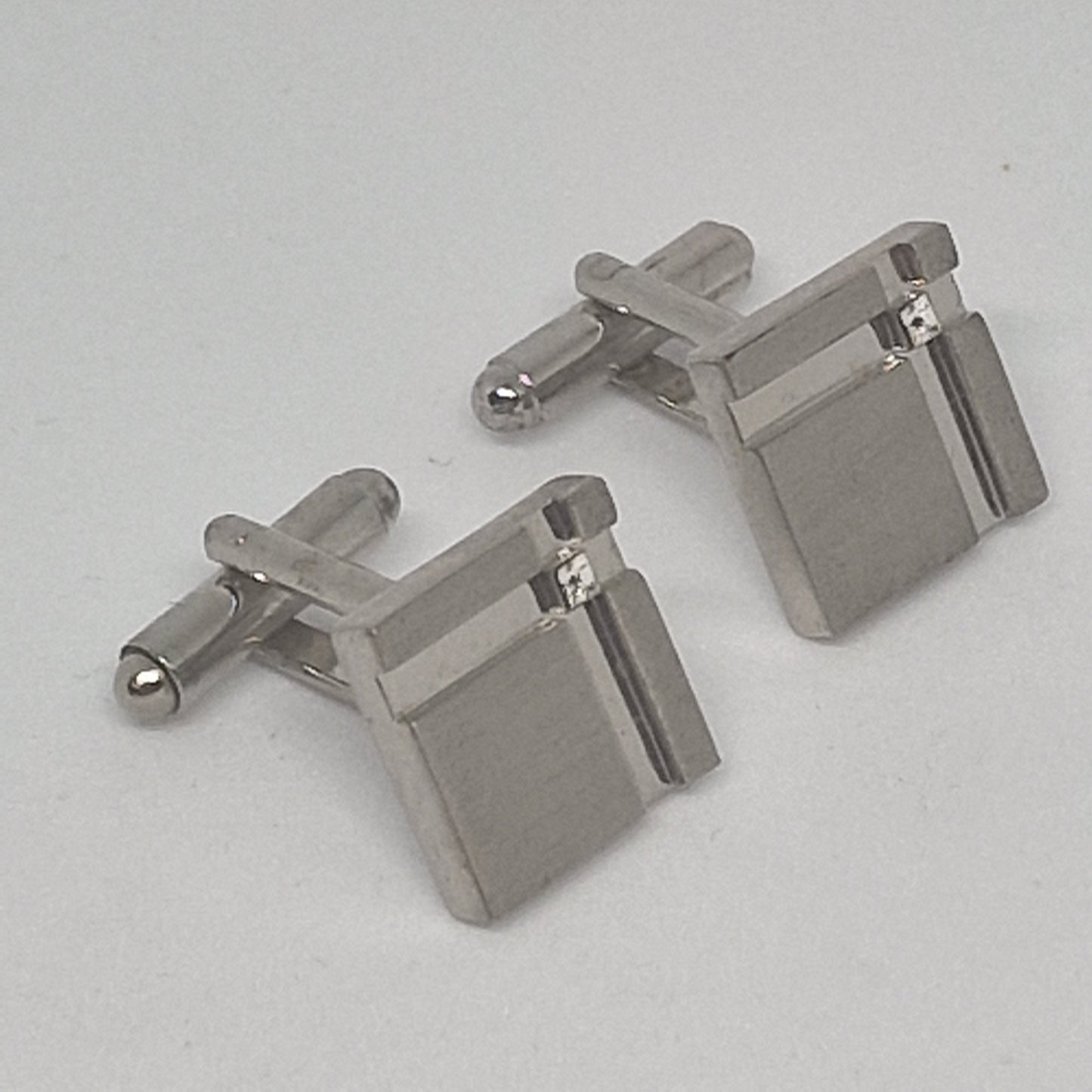 Vintage 1970s Silver-Tone Square Cufflinks Clear Rhinestone Geometric Mens Pair