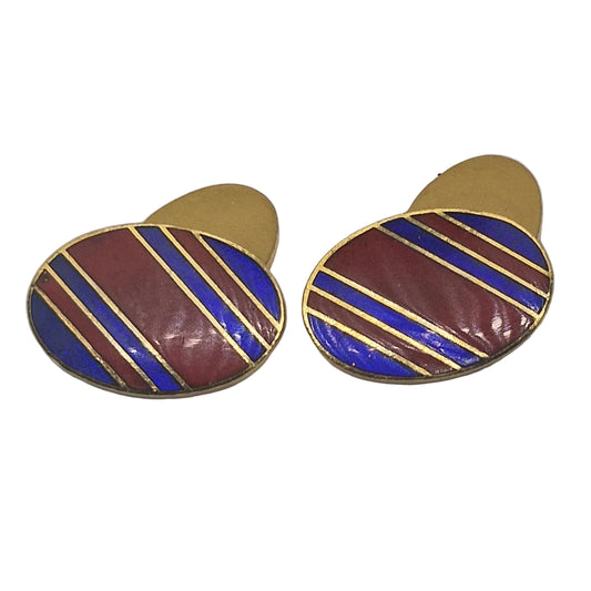 Vintage 1970s Gold-Tone Striped Enamel Cufflinks Blue Burgundy Geometric Mens