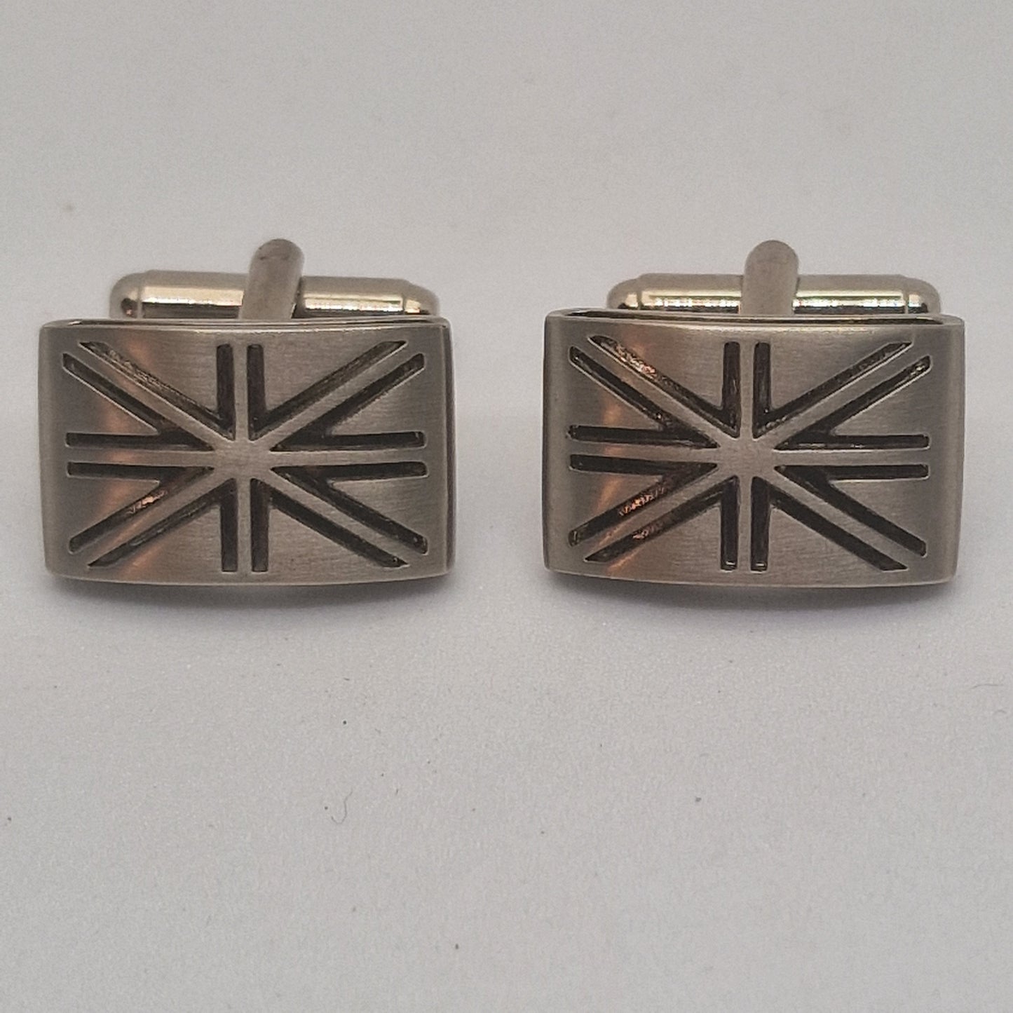 Vintage 1970s Silver-Tone Stainless Steel Cufflinks Geometric Engraved Mens Pair