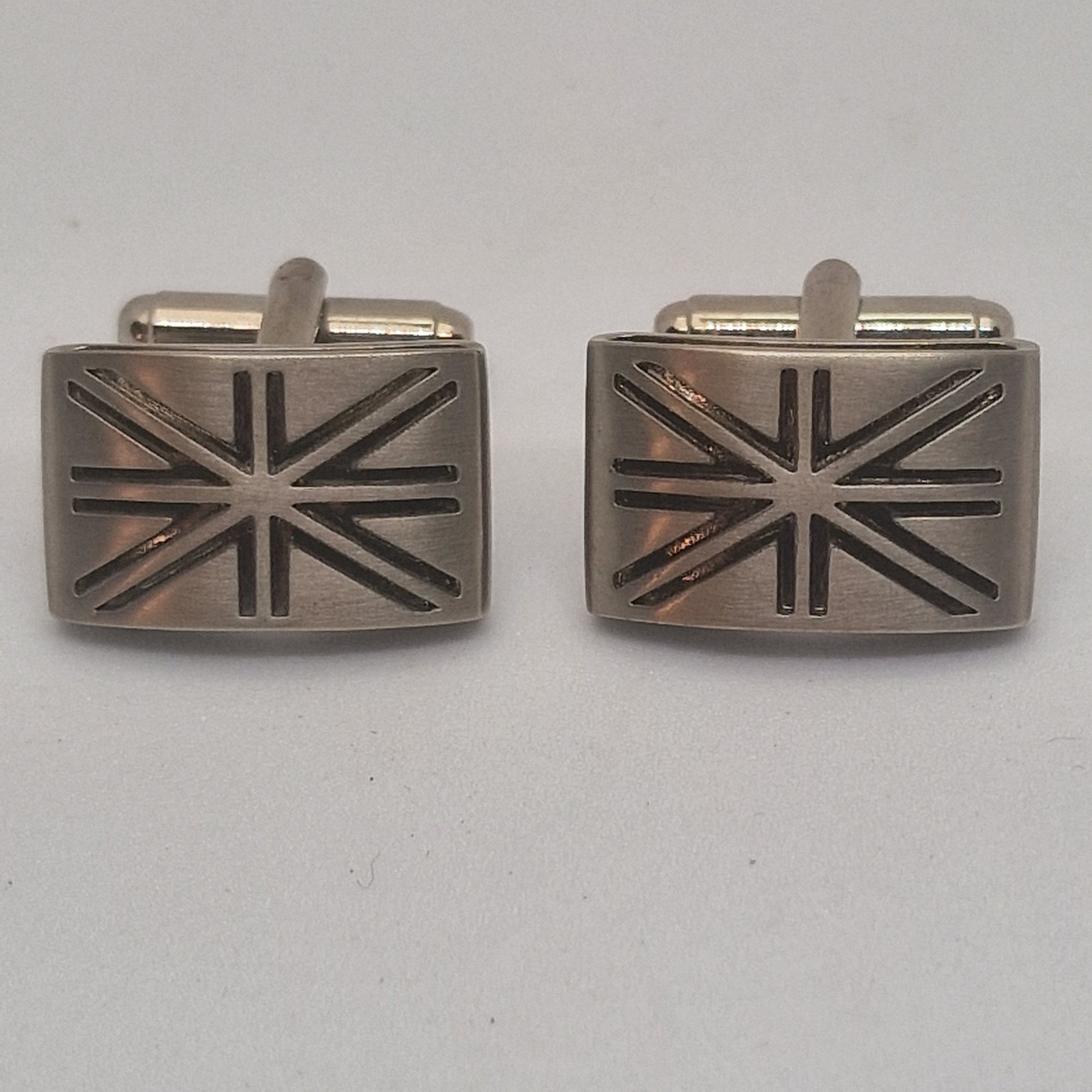 Vintage 1970s Silver-Tone Stainless Steel Cufflinks Geometric Engraved Mens Pair