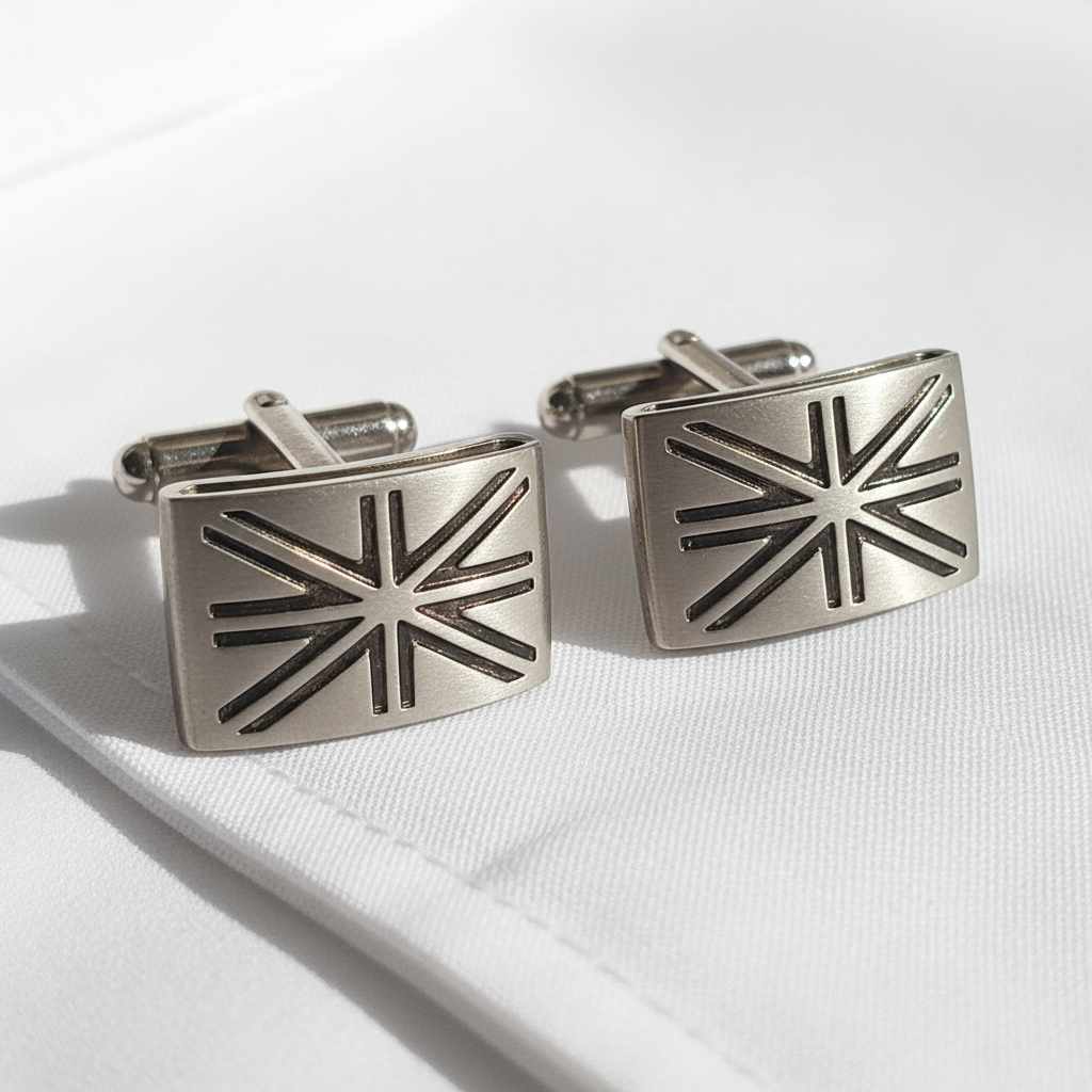 Vintage 1970s Silver-Tone Stainless Steel Cufflinks Geometric Engraved Mens Pair