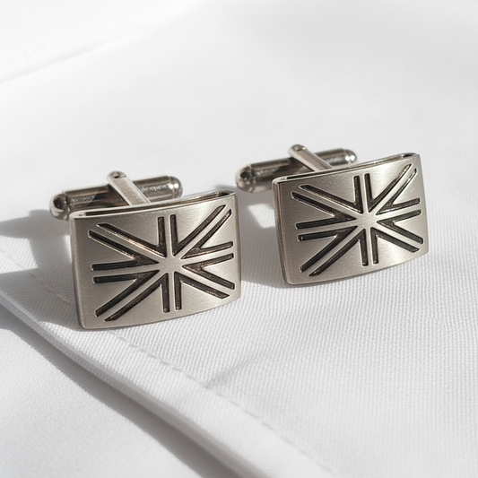 Vintage 1970s Silver-Tone Stainless Steel Cufflinks Geometric Engraved Mens Pair