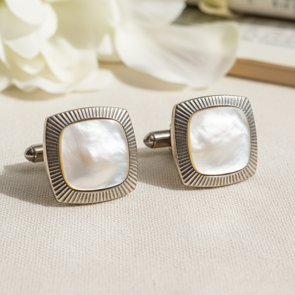 Vintage 1960s Gold-Tone Mother Of Pearl Cufflinks Square Sunburst Geometric Men