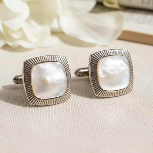 Vintage 1960s Gold-Tone Mother Of Pearl Cufflinks Square Sunburst Geometric Men