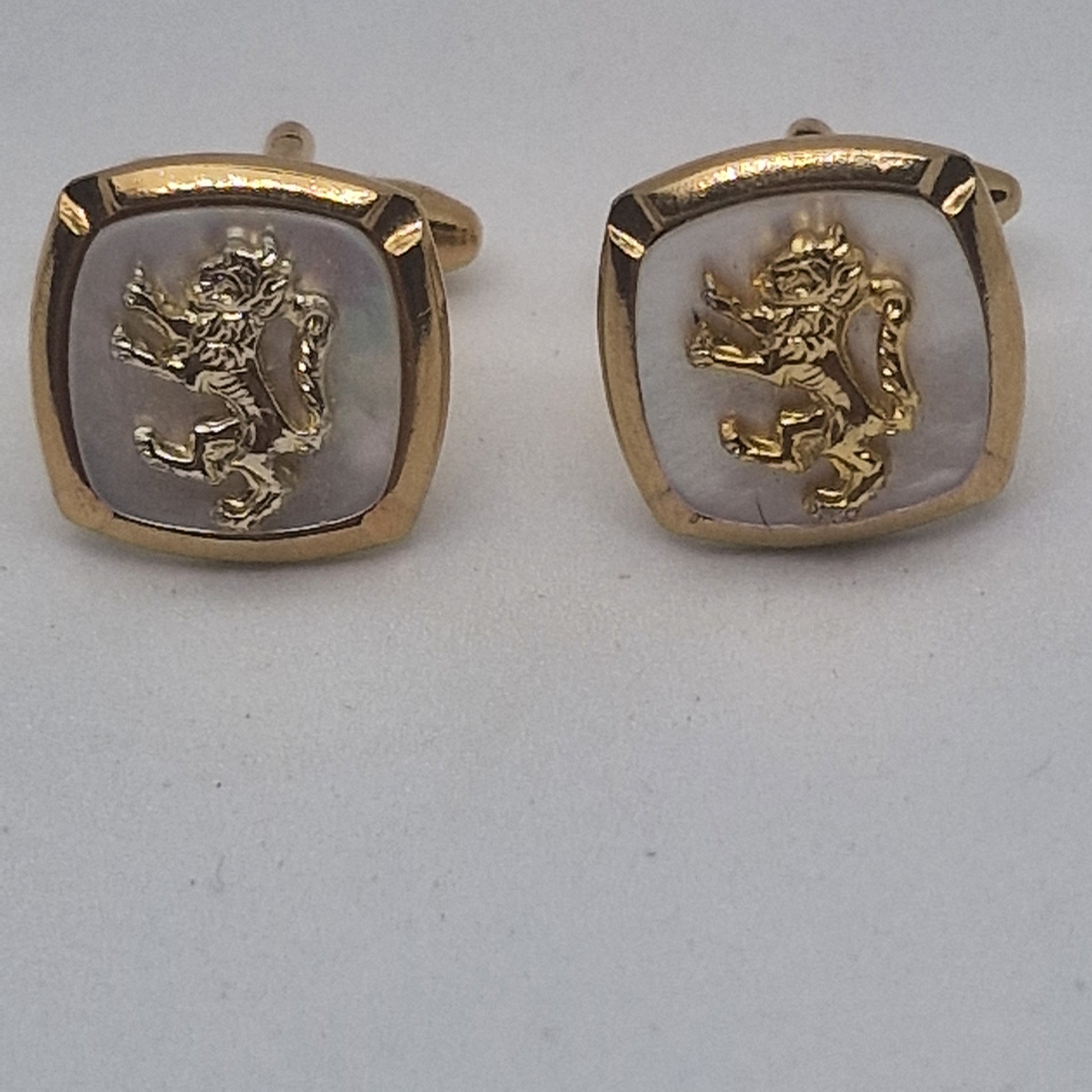 Vintage 1970s Gold-Tone Cufflinks Lion Rampant Heraldic Mother Of Pearl Figural