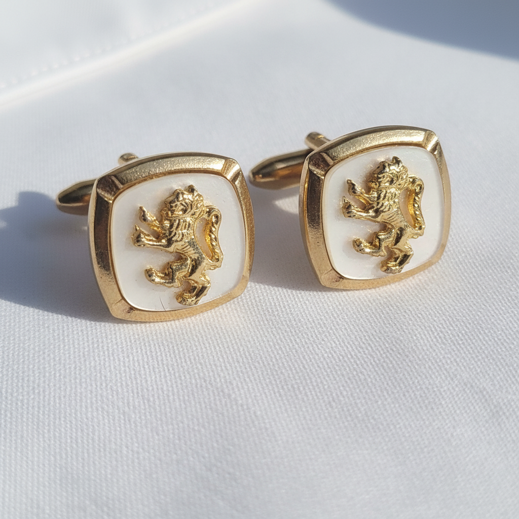 Vintage 1970s Gold-Tone Cufflinks Lion Rampant Heraldic Mother Of Pearl Figural