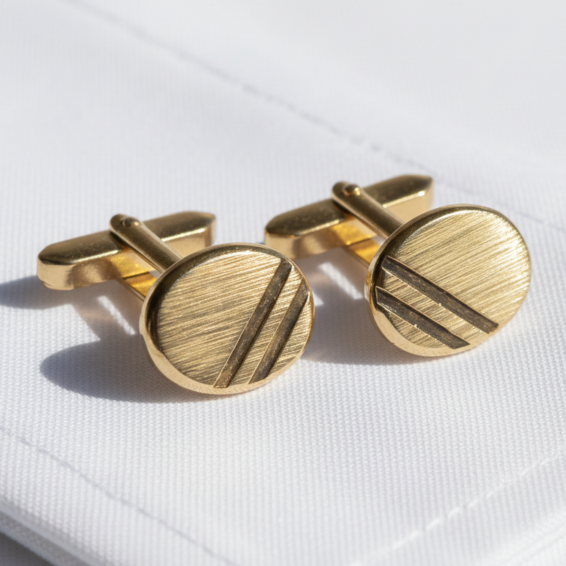 Vintage 1970s Gold-Tone Brushed Geometric Striped Cufflinks Mens Costume Pair