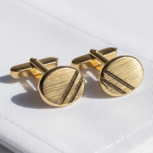 Vintage 1970s Gold-Tone Brushed Geometric Striped Cufflinks Mens Costume Pair