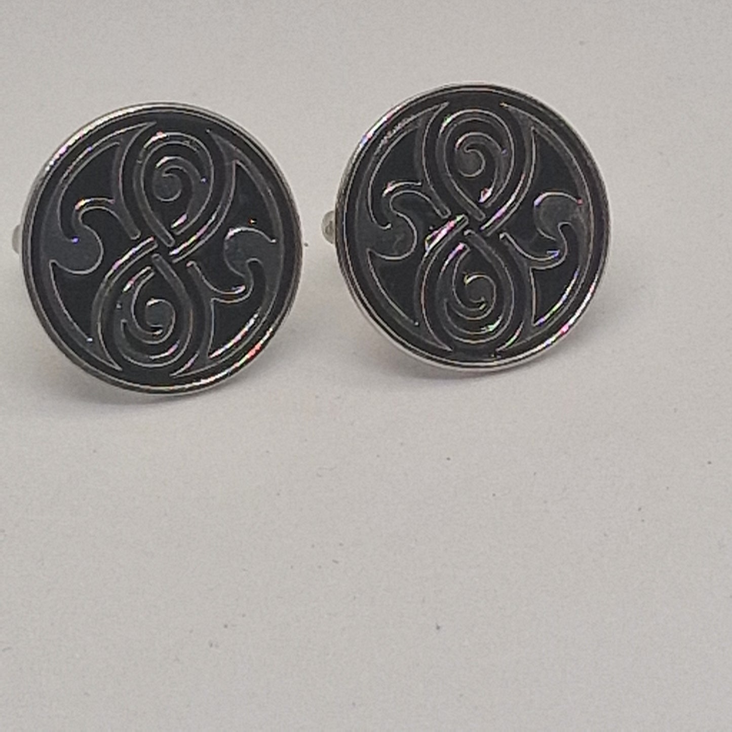 Vintage 1970s Silver-Tone Celtic Knotwork Enamel Cufflinks Black Mens Geometric – photo 2