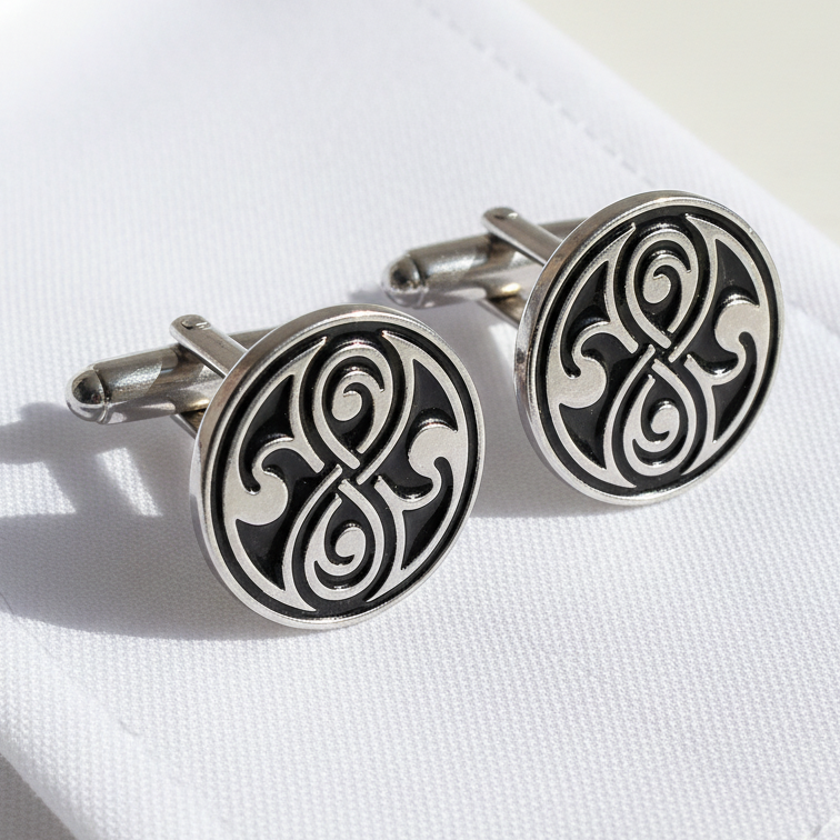 Vintage 1970s Silver-Tone Celtic Knotwork Enamel Cufflinks Black Mens Geometric