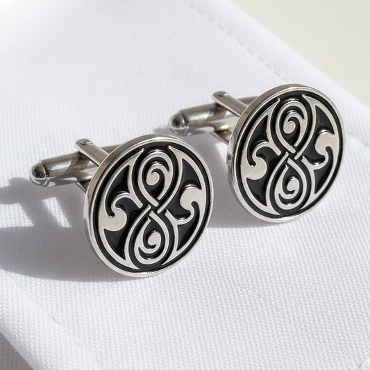 Vintage 1970s Silver-Tone Celtic Knotwork Enamel Cufflinks Black Mens Geometric