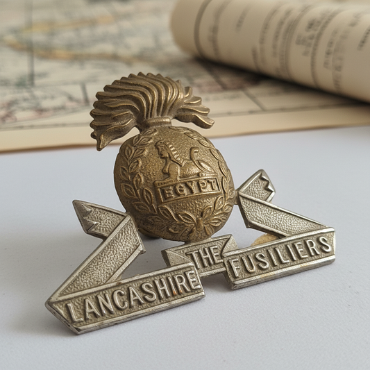 Vintage 1950s British Lancashire Fusiliers Cap Badge Silver Gold Military Mens