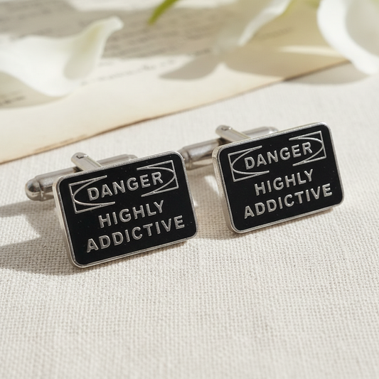 Vintage 1980s Silver-Tone Black Enamel Novelty Cufflinks Danger Highly Addictive