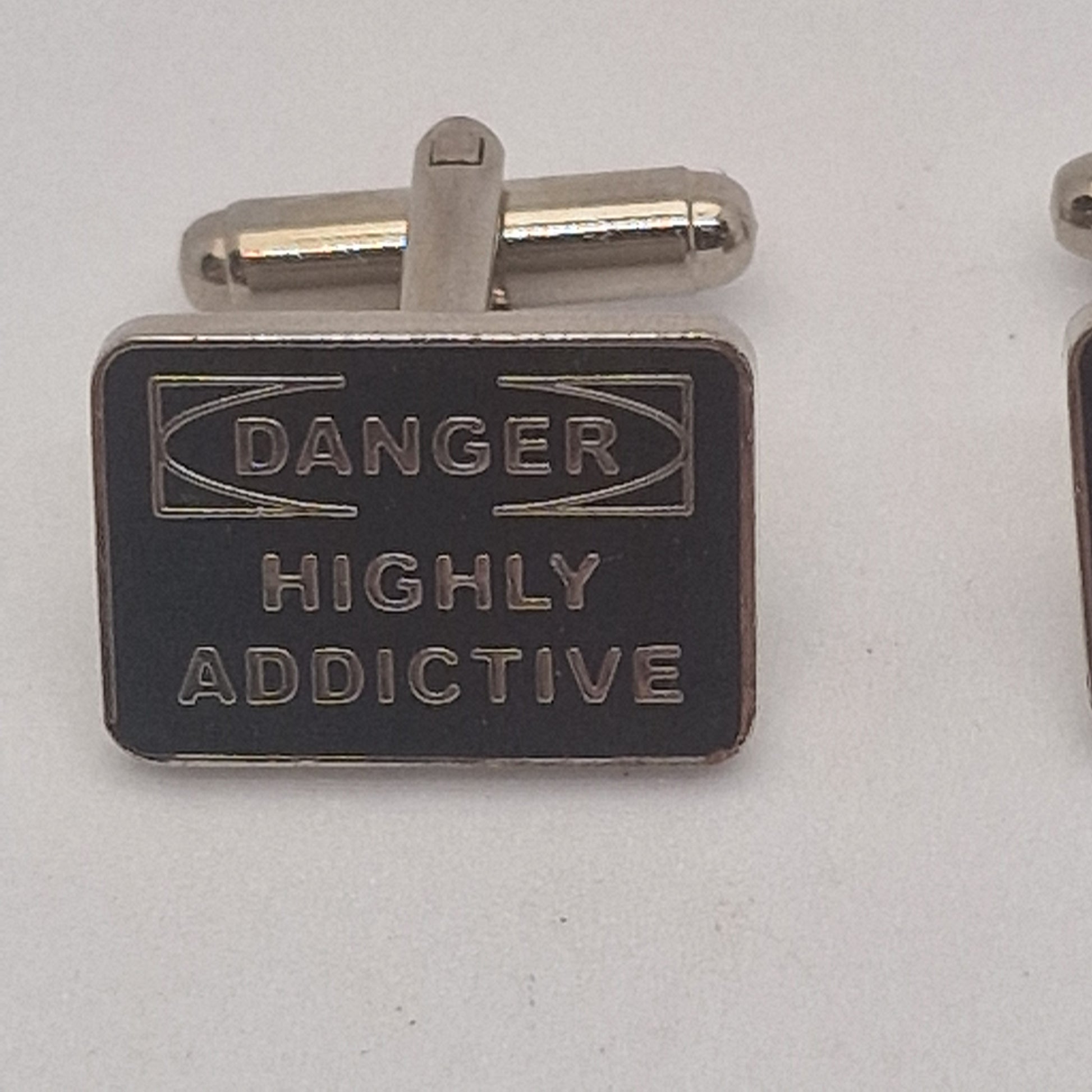Vintage 1980s Silver-Tone Black Enamel Novelty Cufflinks Danger Highly Addictive – photo 2
