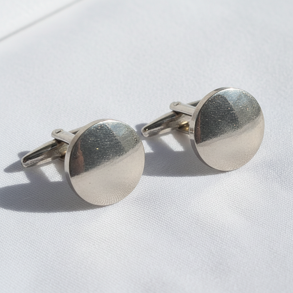 Vintage 1970s Silver-Tone Plain Round Disc Cufflinks Minimalist Geometric Men