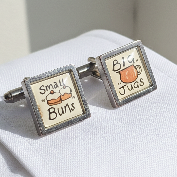 Vintage 1970s Silver-Tone Novelty Cufflinks British Pub Humour Figural Mens Wear