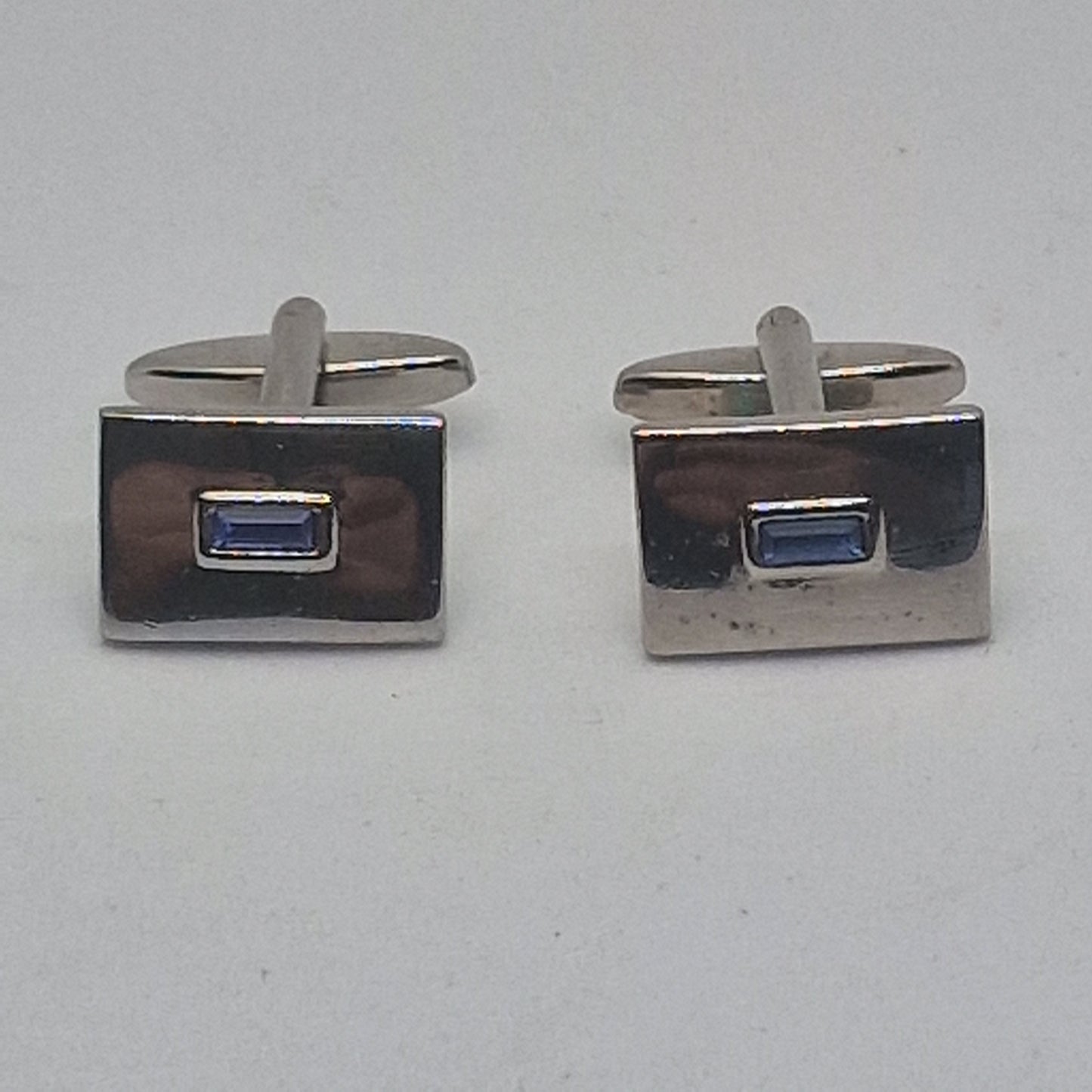 Vintage 1970s Silver-Tone Square Cufflinks Blue Rhinestone Baguette Geometric