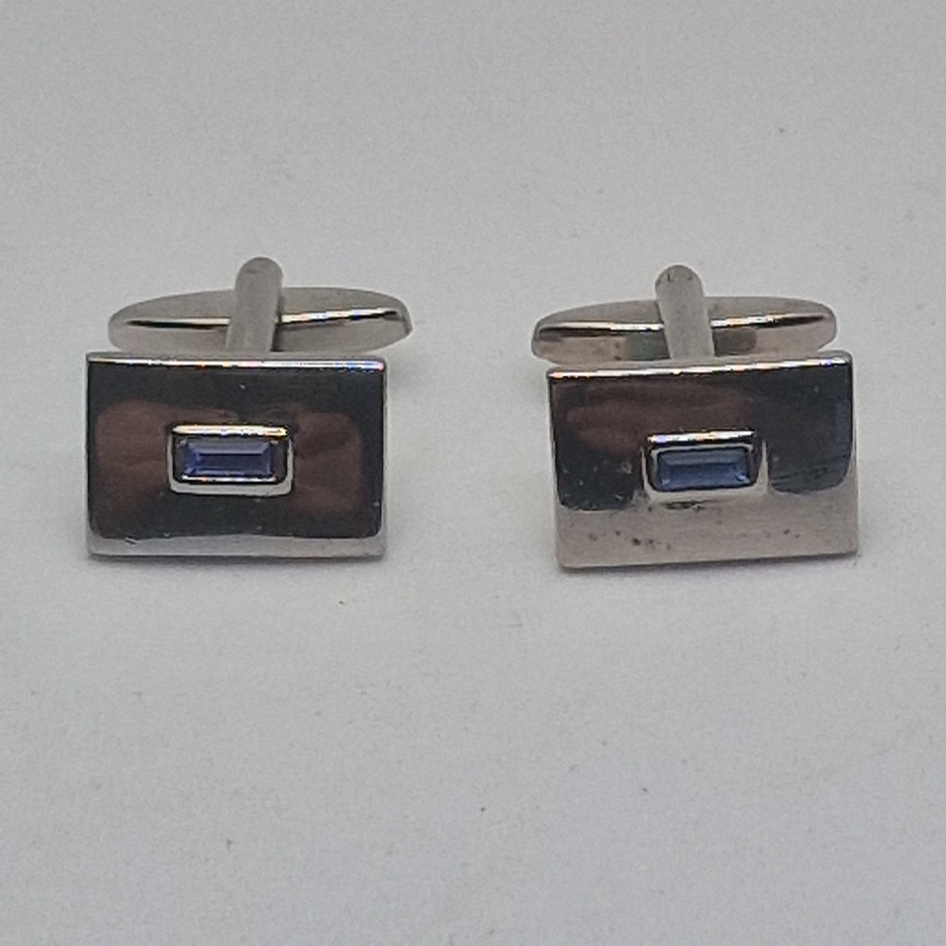 Vintage 1970s Silver-Tone Square Cufflinks Blue Rhinestone Baguette Geometric