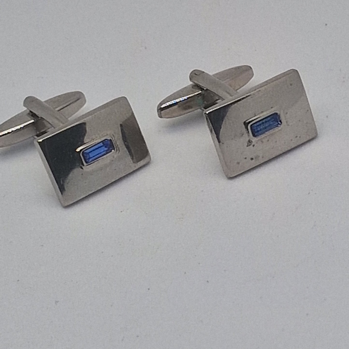 Vintage 1970s Silver-Tone Square Cufflinks Blue Rhinestone Baguette Geometric – photo 2