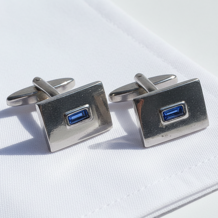 Vintage 1970s Silver-Tone Square Cufflinks Blue Rhinestone Baguette Geometric