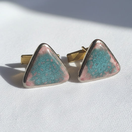 Vintage 1970s Studio Ceramic Cufflinks Teal Rose Glaze Gold-Tone Geometric Men