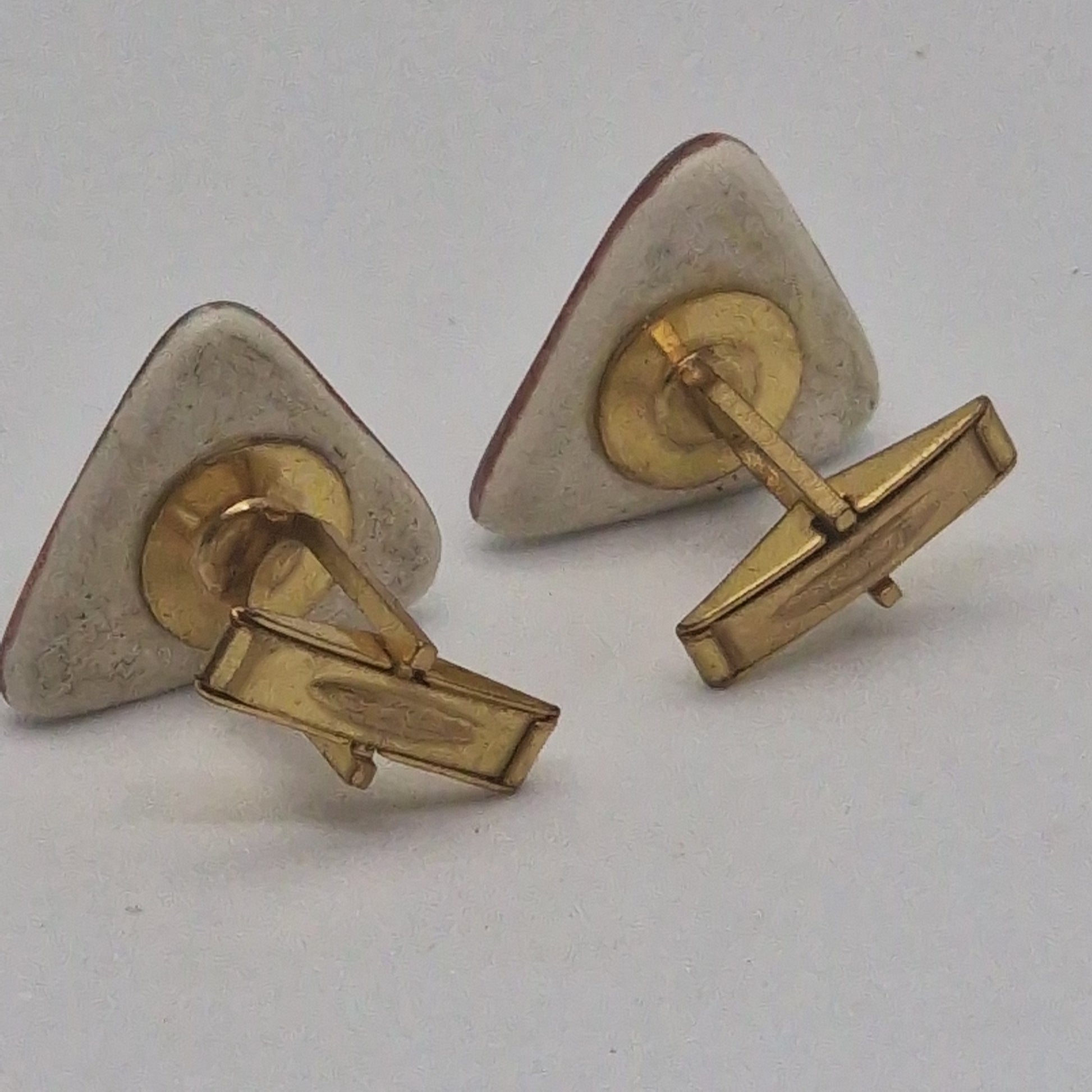 Vintage 1970s Studio Ceramic Cufflinks Teal Rose Glaze Gold-Tone Geometric Men – photo 4