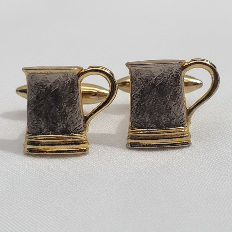 Vintage 1970s Gold Silver-Tone Beer Mug Tankard Cufflinks Novelty Figural Mens