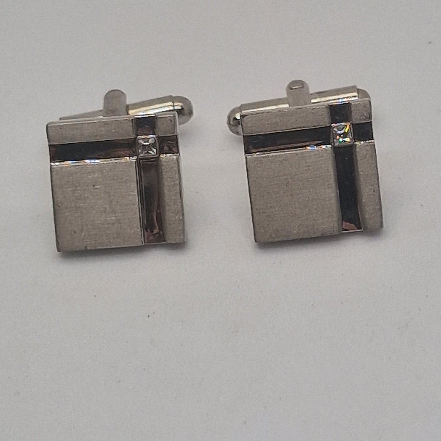 Vintage 1980s Silver-Tone Square Cufflinks Black Enamel Geometric Rhinestone Pin